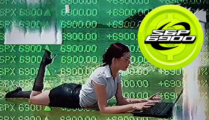 A woman lying on her stomach using a laptop, superimposed over a green stock market ticker showing 'SPX 6900' with positive gains, alongside a '$SP 6900' logo.