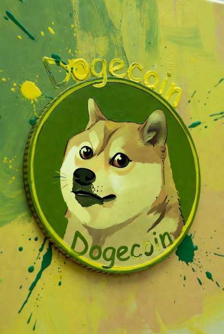 A stylized illustration of a Dogecoin coin featuring the iconic Shiba Inu dog, with "Dogecoin" text displayed above and below the coin against a green and yellow painted background.