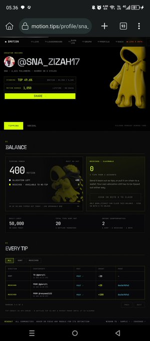 A screenshot of the motion.tips profile page for user @SINA_ZIZAH17, displaying an account balance of 400 MOTION ($0.45), total earnings of 50,000, and a referral count of 2, alongside a yellow figure mascot. The image illustrates the first step in the accompanying guide, showing how to sign up and check the MOTION account balance after logging in.