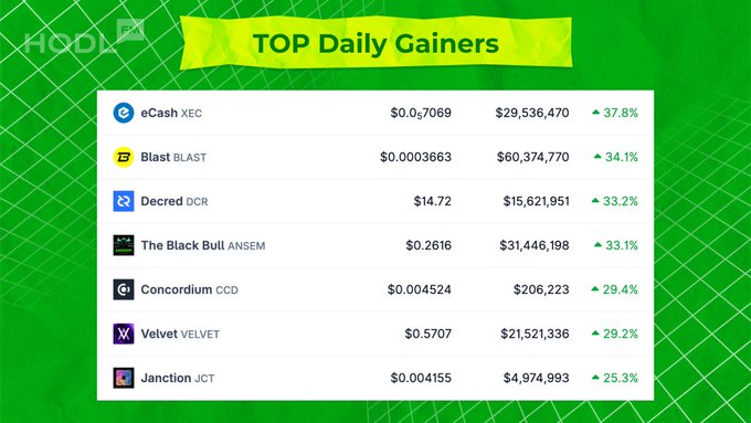 A green graphic showing a 'TOP Daily Gainers' list of cryptocurrencies including eCash (XEC) up 37.8%, Blast (BLAST) up 34.1%, and Decred (DCR) up 33.2%, with their prices and market caps.