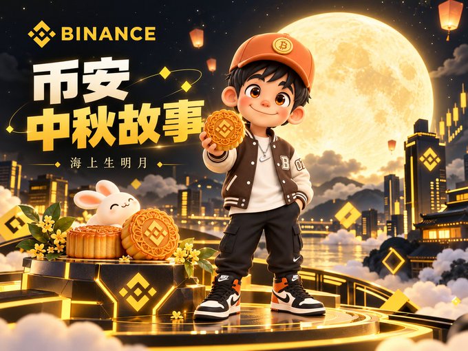 The image is a Binance-branded Mid-Autumn Festival promotional illustration featuring a cheerful cartoon boy in an orange Binance cap holding a mooncake, with a giant glowing moon, city skyline, sky lanterns, and additional mooncakes displayed on a golden pedestal beside a small white rabbit.

Visible text includes "BINANCE," "币安 中秋故事" (Binance Mid-Autumn Story), and "海上生明月" (a classical Chinese moon poem line). The festive design ties directly to the post's reflection on celebrating the Mid-Autumn Festival with Binance, blending traditional mooncake and moon imagery with the crypto brand's identity.