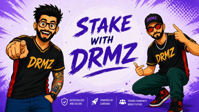Two cartoon-style mascots wearing black "DRMZ" jerseys pose enthusiastically on a purple background alongside bold text reading "STAKE WITH DRMZ," promoting Cardano staking with callouts highlighting decentralization, Cardano-powered security, and a strong community—visually reinforcing the call to delegate ADA to the DRMZ stake pool as it pursues its first 1 million ADA delegation milestone.