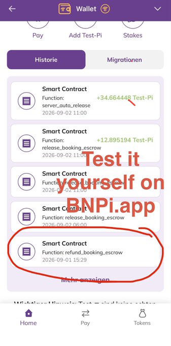 A mobile app screenshot displays a 'Wallet' history of 'Smart Contract' transactions, with a red circle highlighting a 'refund_booking_escrow' entry and red text overlay reading 'Test it yourself on BNPi.app'.