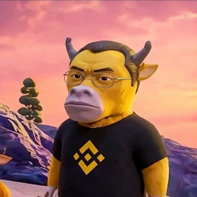A 3D-rendered character with a yellow bull-like head, horns, and glasses, wearing a black t-shirt with a yellow Binance logo, set against a sunset landscape.
