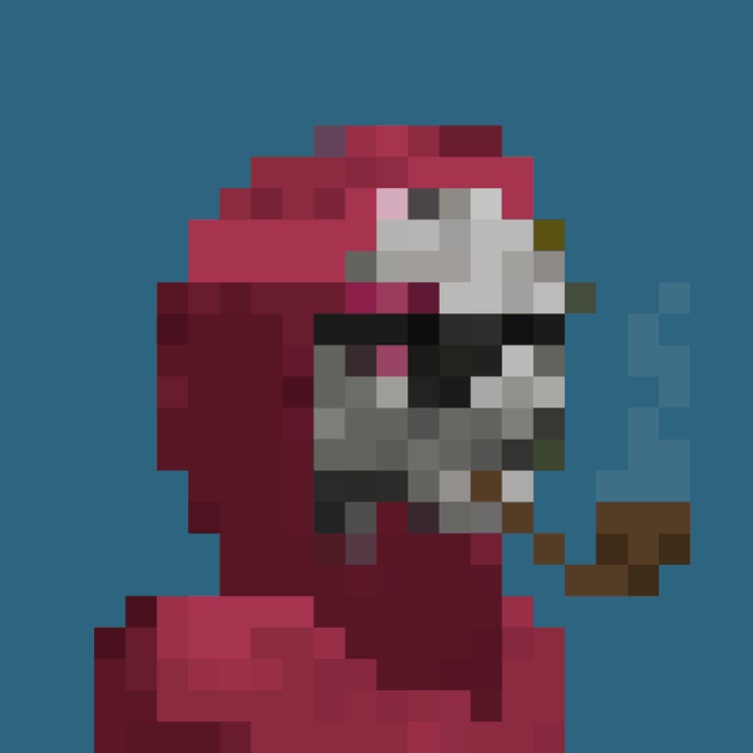 A heavily pixelated, low-resolution image on a blue background showing what appears to be a figure in red and white tones.
