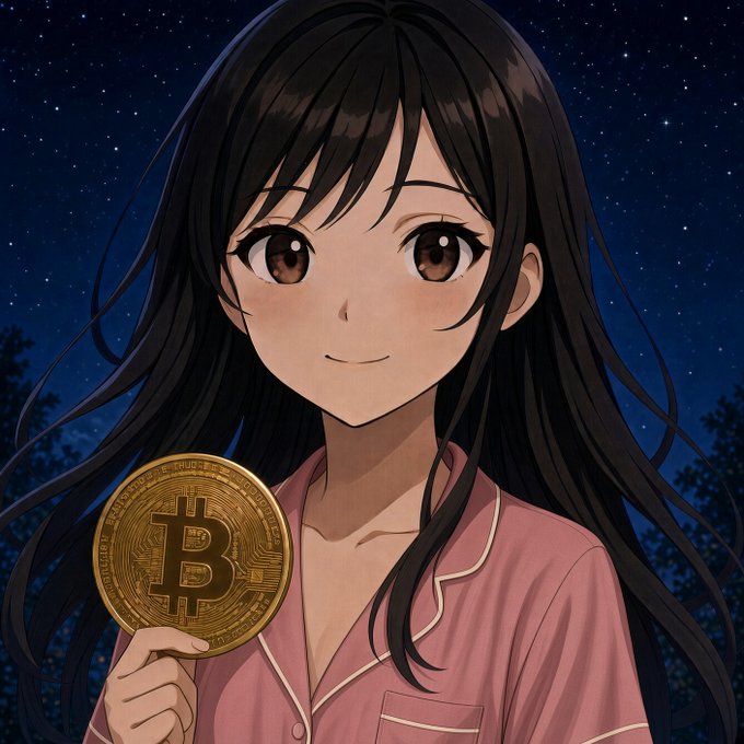 An anime-style illustration depicts a smiling girl with long black hair holding a golden Bitcoin coin against a starry night sky background.