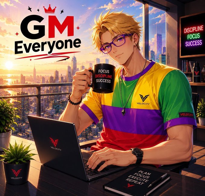 An anime-style promotional image featuring a blonde-haired character with glasses wearing a colorful yellow, green, and purple shirt, working on a laptop branded 'VELOCITY' while holding a mug that says 'FOCUS DISCIPLINE SUCCESS'. The logo 'GM Everyone' appears in the top left corner, with a notebook reading 'PLAN FOCUS EXECUTE REPEAT' and a cityscape backdrop.
