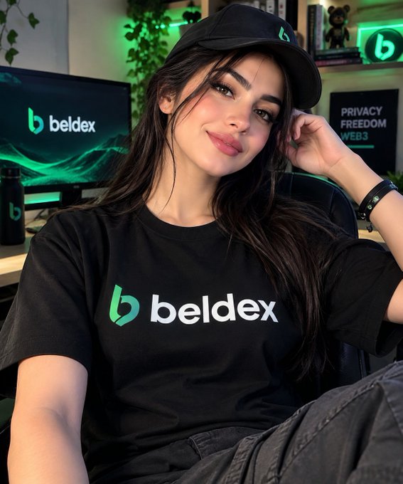 A young woman wearing a black cap and a black t-shirt featuring the 'beldex' logo poses in a tech-themed room with 'PRIVACY FREEDOM WEB3' visible on a screen behind her.