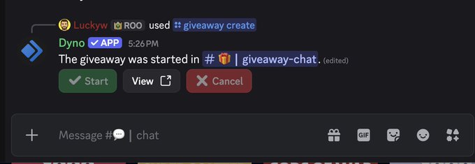 A Discord chat screenshot showing a message from 'ROO' who used a giveaway command, with a response from 'Dyno' stating the giveaway started in #🎁│giveaway-chat, along with Start, View, and Cancel buttons.