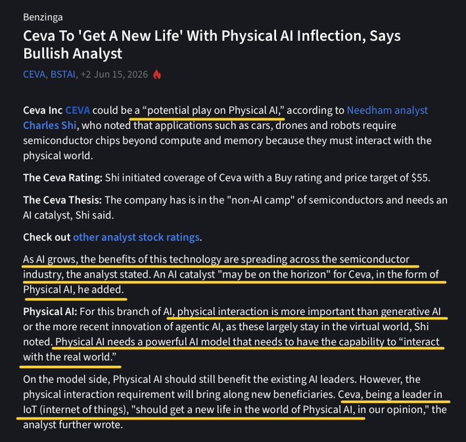 The image features a blog post or news article from Benzinga that discusses the emerging technology of physical AI, along with a chart that provides some background information about the topic. The title of the post reads "CEVA To Get A New Life With Physical AI", indicating an exploration of a new way to approach and utilize AI in various applications. The text in the image conveys the importance of this development, and it seems to be related to the discussion on Shares.