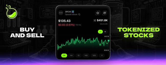A smartphone displaying a tokenized stock trading interface for "SPCX" (SpaceX) at $135.43, up $0.83 (0.61%), with a 24-hour price chart ranging from $135.53 to $137.76, framed by "BUY AND SELL" and "TOKENIZED STOCKS" text against a dark circuit-board background. The image visually reinforces the post's message by showcasing LAB's platform where users can trade tokenized equities like SpaceX 24/7 with onchain settlement.