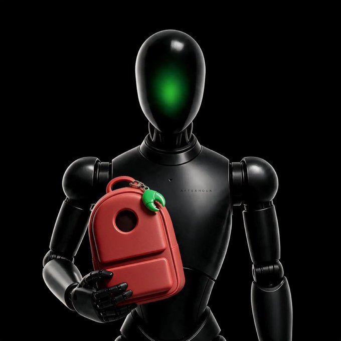 A sleek black robot with a glowing green face holds a red backpack adorned with a green claw charm, with "AFTERHOURS" faintly visible on its chest—visually representing the AI agent's mission of arbitraging tokenized RWAs on Solana while funneling rewards to the AfterHoursDAO.