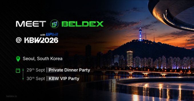 An advertisement for BELDEX with UPbit announcing their attendance at KBW2026 in Seoul, South Korea, featuring events on September 29th and 30th, set against a cityscape at dusk.