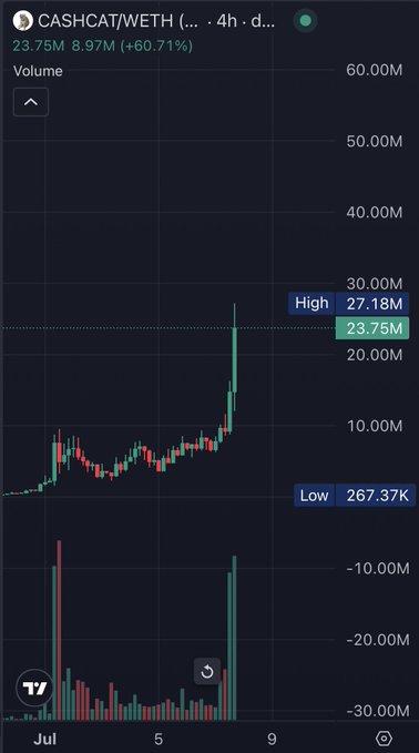 A trading chart for CASHCAT/WETH token showing volume at 23.75M with a price of 8.97M (+60.71%), with a high of 27.18M and low of 267.37K, displayed over a July timeframe.