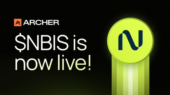 A promotional graphic with the Archer logo announces "$NBIS is now live!" next to a large green medal featuring the letter "N".