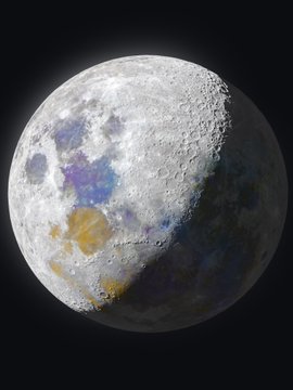 A detailed photograph of a gibbous moon against a black sky, showing craters and colorful mineral deposits.