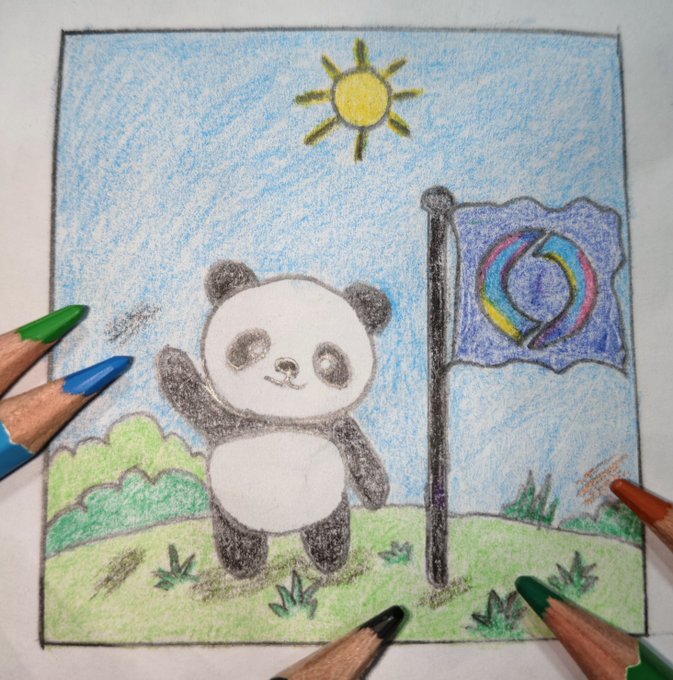 A colored pencil drawing depicts a cartoon panda waving next to a flag with a circular logo, set against a blue sky with a sun.