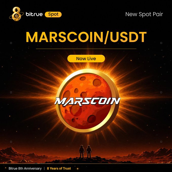 Bitrue's 8th Anniversary promotional image announcing the new spot trading pair MARSCOIN/USDT, featuring astronauts gazing at a glowing Mars with the Marscoin logo and a "Now Live" badge. The graphic visually reinforces the post's "going to Mars" theme as it celebrates the token's official listing on the exchange.