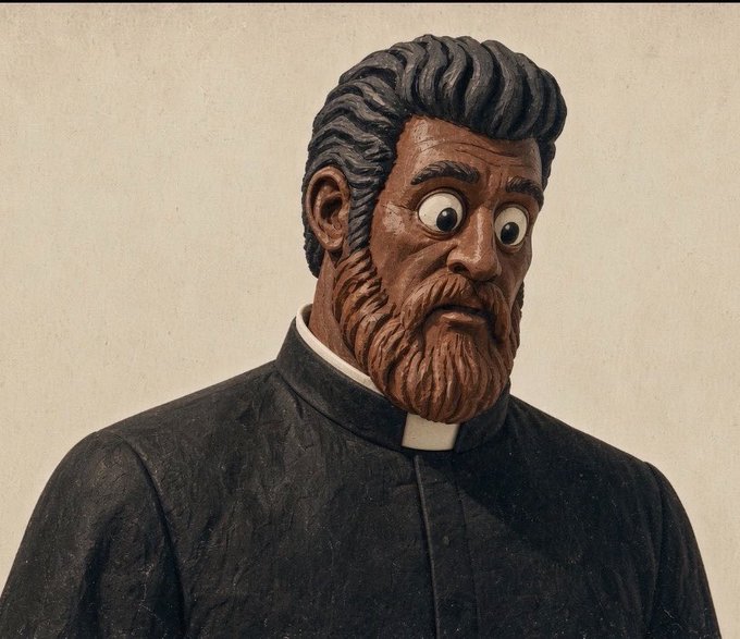 A statue of a bearded man wearing a black clerical collar with cartoonish googly eyes edited onto the face.