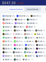 A mobile app screenshot displays a portfolio value of '$547.33' in the integrated network view, showing a list of cryptocurrency holdings with various percentage gains and losses in red and green.