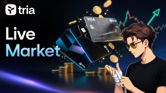 The image features a cartoon man standing next to a stack of money, with a banner above him that says "Live Market" and "Tria Virtual Card". The text below the image reads "Get your Tria Virtual Card for free! Currently @useTria Card is becoming quite popular among Web3 and Crypto users. With this card you can easily make payments using your crypto assets. - Free Virtual Card - Easy and quick setup - Cashback facility - Self-Custodial Wallet". The cartoon man appears to be holding a wallet, which further emphasizes the connection between the image and the post about Tria virtual cards.