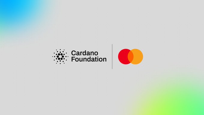A graphic displaying the 'Cardano Foundation' logo alongside a red and orange Mastercard-like logo, set against a light background with blue and green gradient accents.