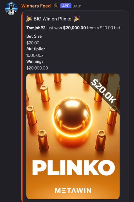 A screenshot from MetaWin's "Winners Feed" announces that user "Tomjoh92" won $20,000.00 from a $20.00 bet on Plinko with a 1000.00x multiplier, displayed alongside an image of a golden Plinko ball. The graphic supports the accompanying post by showcasing the dramatic payout, serving as promotional proof to encourage others to deposit and play at metawin.com for a chance at a $1M prize.