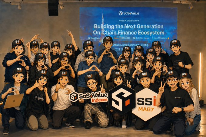A group photo from the SoSoValue Japan Community Meetup held on 7/13 at the SoSoValue Japan Community Meetup venue, with attendees posing together in front of a banner reading "Building the Next Generation On-Chain Finance Ecosystem" and holding SoSoValue Indexes and SSI MAG7 signs, reflecting the post's celebration of the vibrant Japanese crypto community gathering.