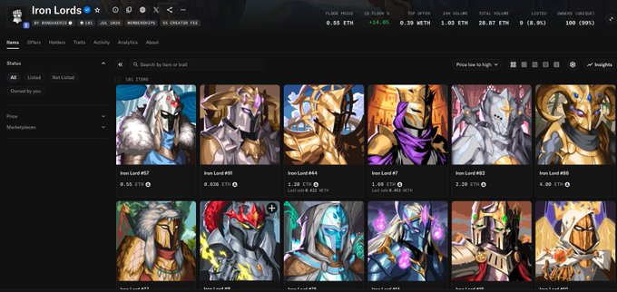 An NFT marketplace interface for "Iron Lords" collection showing various armored character NFTs with their prices in ETH, including Iron Lord #67 and others ranging from 0.30 to 1.49 ETH.