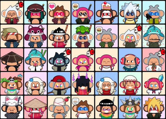 A grid of 35 cartoon monkey NFT-style characters with various costumes, hairstyles, and rainbow-colored eyes in different color backgrounds.