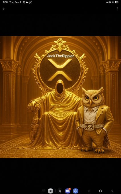 A golden digital artwork featuring a hooded figure on a throne with the XRP logo and 'Jack TheRippler' text, accompanied by an anthropomorphic owl in a gold suit with '589' on its belt.