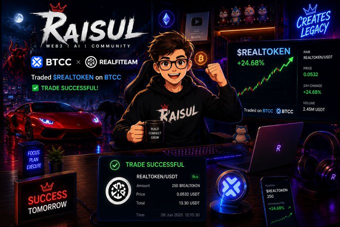 The image features a cartoon boy wearing glasses, holding a cup of coffee while sitting at a desk with a laptop computer. The background includes various elements such as cars, buildings, and neon lights, creating an urban setting. The caption for the image reads "I am very happy to join this #BTCC15 !!! Trading $REALTOKEN on BTCC and exploring the RealFi ecosystem. I hope there are many good things waiting for you in the future."