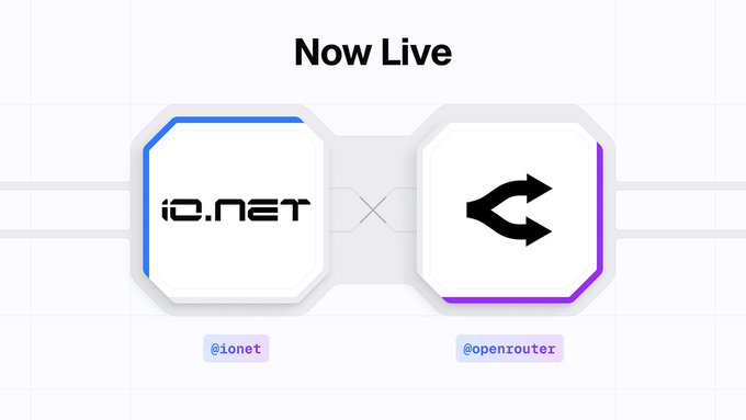 A promotional graphic titled "Now Live" announcing the integration between io.net and OpenRouter, featuring their logos side by side with the handles @ionet and @openrouter displayed below, matching the post's announcement of OpenRouter BYOK support for io.net users.