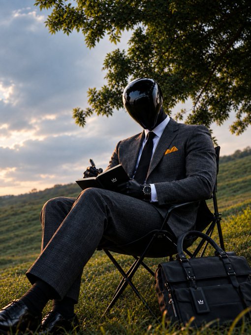 A surreal image of a faceless figure in a gray business suit sitting in a folding chair in a grassy field, writing in a notebook, with a black briefcase beside them under a tree at sunset.