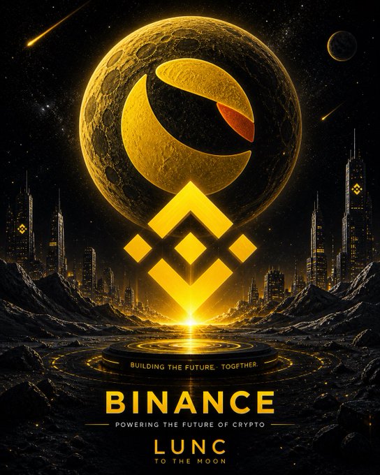 The image features a poster for Binance, which is a cryptocurrency company that operates on the Moon as well. The poster displays a large symbol of a Bitcoin coin floating in space above an Earth-like cityscape with numerous buildings. A message below the main image indicates that Lunc is available to anyone who can successfully trade their Bitcoins. The image showcases the visual elements related to Binance and its unique operating environment on the Moon, emphasizing the innovative nature of the cryptocurrency company's offerings.