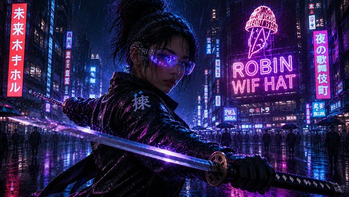 A cyberpunk-style illustration of a woman with glowing purple glasses wielding a glowing sword in a neon-lit city street, with neon signs including 'ROBIN WIFI HAT' and Japanese text like '未来キホ' and '夜の歌舞伎町'.