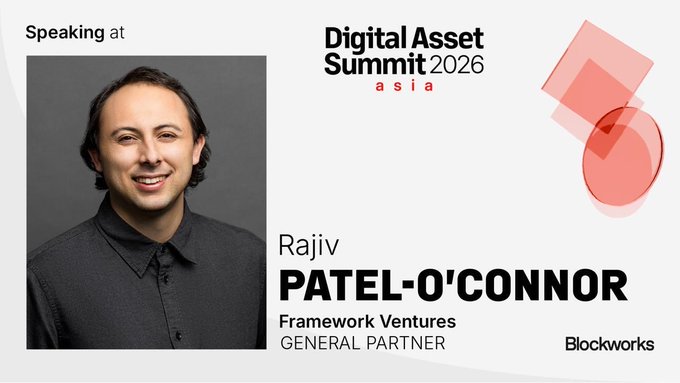 A promotional graphic for the Digital Asset Summit 2026 in Asia, featuring speaker Rajiv Patel-O'Connor, General Partner at Framework Ventures, presented by Blockworks.