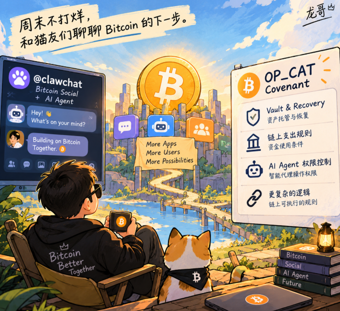 An illustrated promotional graphic for '@clawchat' Bitcoin Social + AI Agent, featuring Chinese text about chatting with cat friends about Bitcoin, with sections on 'OP_CAT Covenant' including 'Vault & Recovery' and 'AI Agent' features.