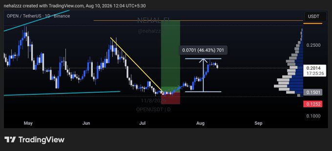 A TradingView chart displays $OPEN/USDT on Binance, showing a 46.43% gain to 0.0701 with price action rising from ~0.1252 lows in July toward 0.2014 resistance, supporting the post's claim of 46% profits and bullish momentum heading toward the full target.