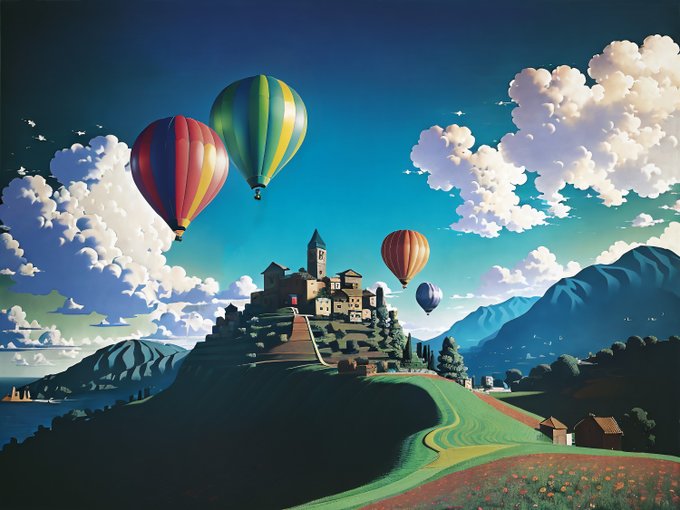A vibrant digital illustration depicting colorful hot air balloons floating over a hilltop village with mountains, clouds, and rolling fields in the background.
