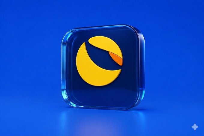 A 3D rendering of the Terra Luna Classic ($LUNC) logo displayed on a glossy blue glass tile. The stylized yellow crescent design visually reinforces the cryptocurrency ticker mentioned in the post.