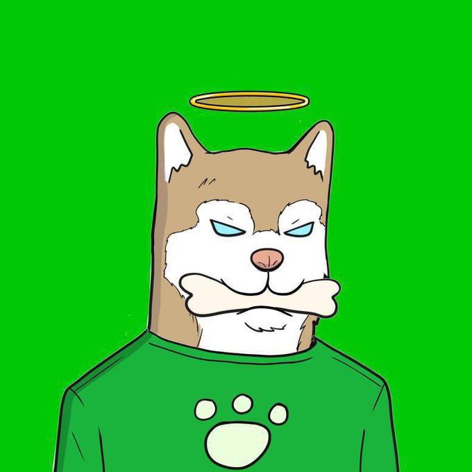 A cartoon illustration of a Shiba Inu dog wearing a green shirt featuring a paw print, with a golden halo floating above its head, set against a green background.