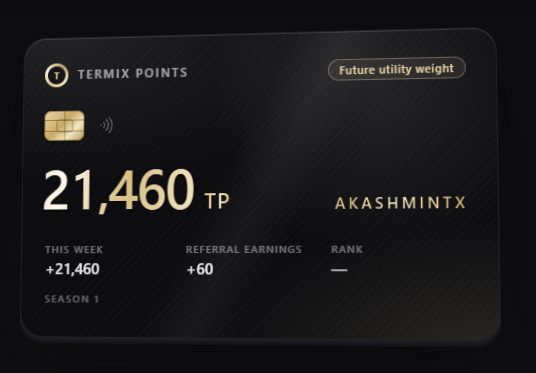 A dark dashboard displaying 'TERMIX POINTS' with a balance of 21,460 TP under the username 'AKASHMINTX', showing weekly earnings of +21,460 and referral earnings of +60.