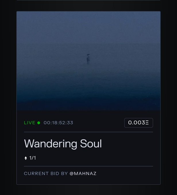 An NFT auction interface titled 'Wandering Soul' showing a dark, mysterious figure in water, with a live timer reading '00:18:52:33' and a current bid of '0.003Ξ' by '@MAHNAZ'.