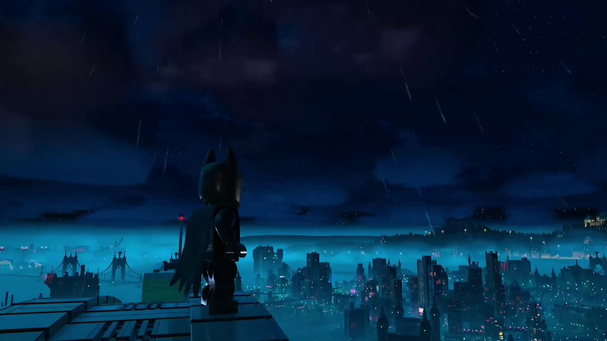 The image features a city skyline at night, with a large body of water below. A character dressed as Batman stands atop a building overlooking the scene. The caption reads "good morning. another stress-filled day still grinding $RIVER tho". This phrase is related to the city's nighttime setting and the character's role in the story.