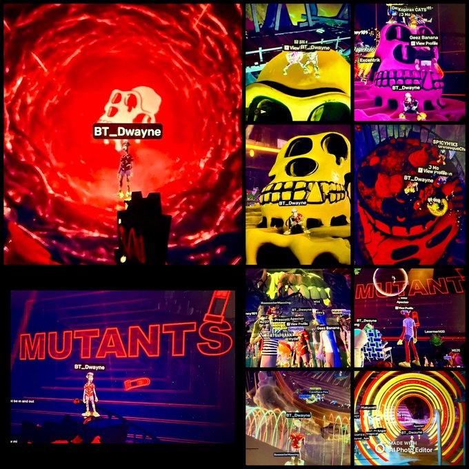A collage of screenshots from a Roblox game session, mostly featuring user 'BT_Dwayne' in various colorful virtual environments with skull imagery and a 'MUTANTS' sign.