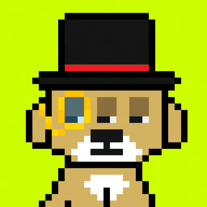 Pixel art portrait of a tan dog/animal character wearing a black top hat with a red band, a monocle, and a white mustache against a lime green background.