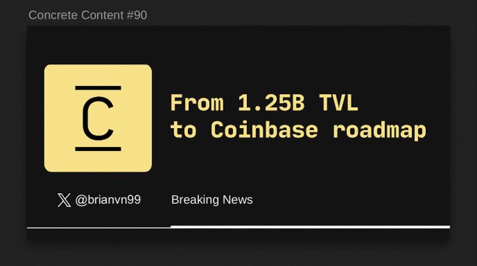 A digital card titled 'Concrete Content #90' with a yellow 'C' logo, reading 'From 1.25B TVL to Coinbase roadmap', credited to X user @brianvn99 and labeled 'Breaking News'.