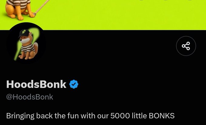 Social media post from HoodsBonk (@HoodsBonk) featuring a cartoon dog mascot reading 'Bringing back the fun with our 5000 little BONKS'.