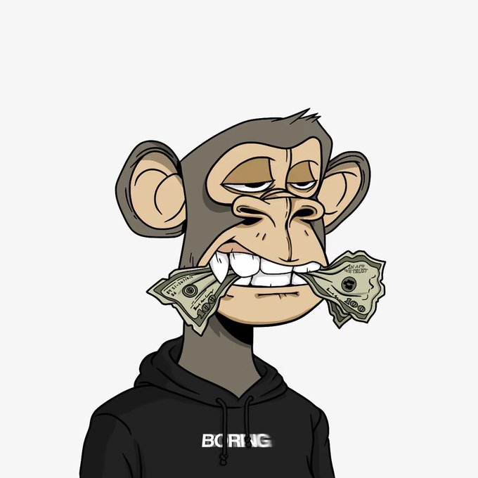 A cartoon illustration of a monkey wearing a black hoodie with 'BORING' printed on it, biting down on two hundred-dollar bills.